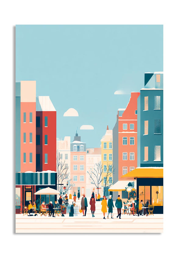 Illustration of a city street with colorful buildings and people walking, as a premium aluminum metal print from GoMetalPrint.
