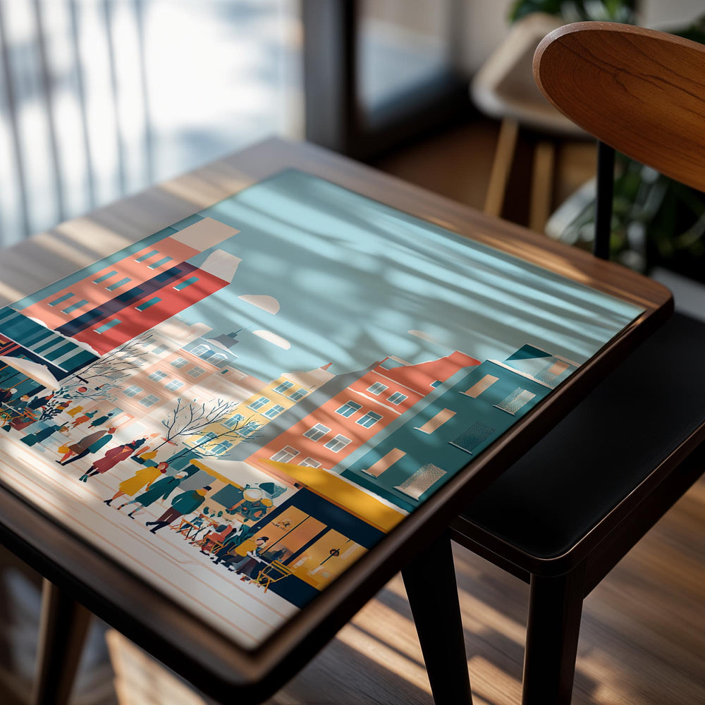 Illustration of a city street with colorful buildings and people walking, as a premium aluminum metal print from GoMetalPrint.
