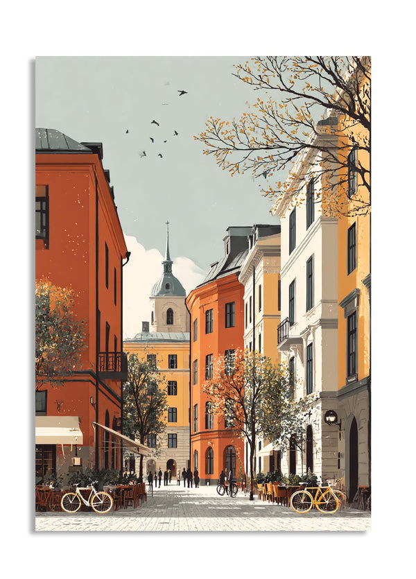 Colorful street scene with buildings and bicycles in an urban setting, as a premium aluminum metal print from GoMetalPrint.
