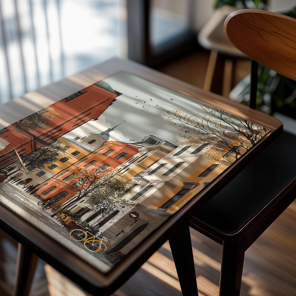 Colorful street scene with buildings and bicycles in an urban setting, as a premium aluminum metal print from GoMetalPrint.
