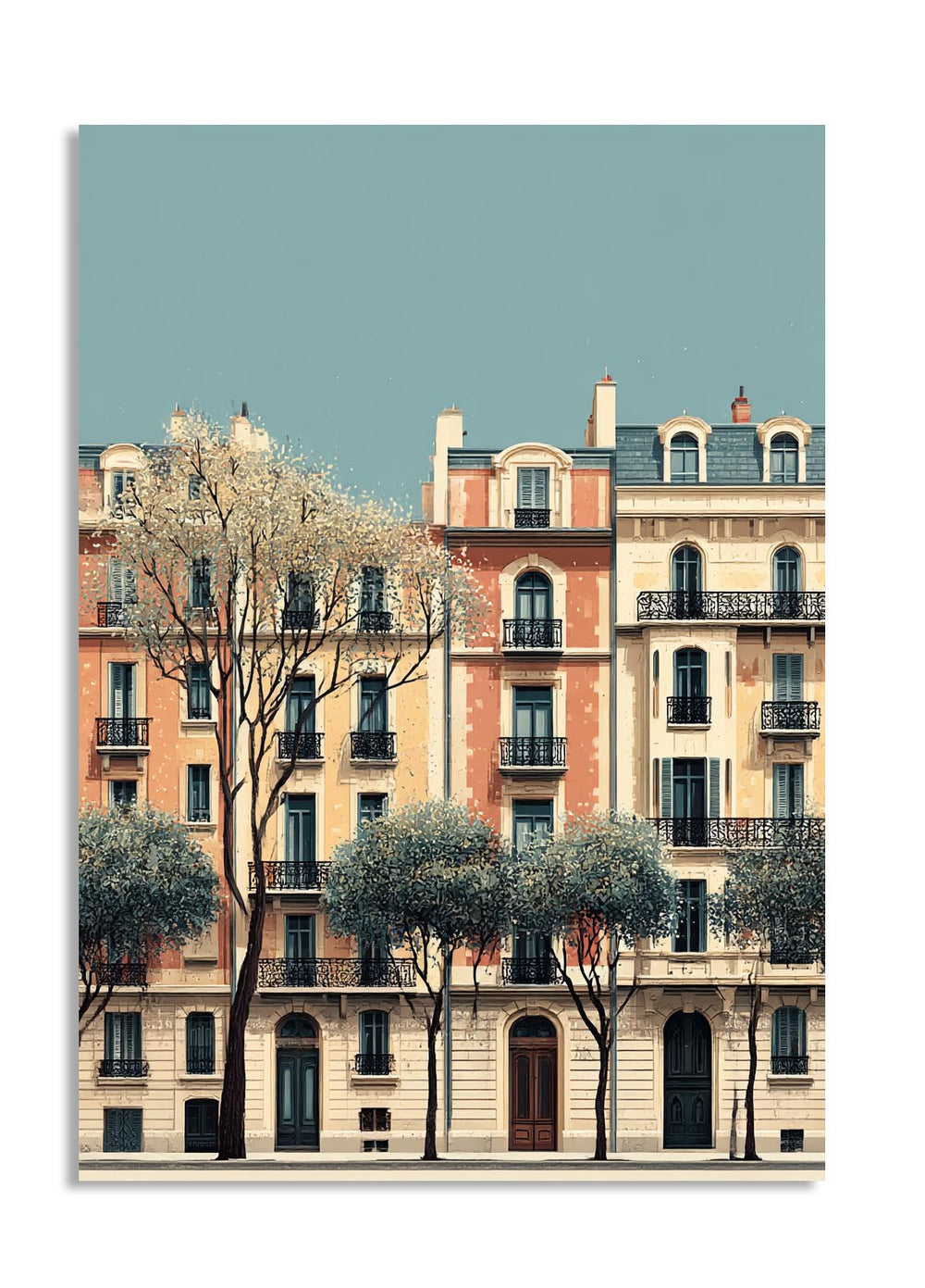 Stylized image of a building facade with trees in front on a light blue background , as a premium aluminum metal print from GoMetalPrint.
