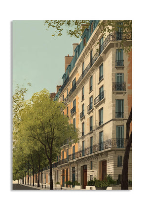 Stylized image of a building facade with trees and a clear sky, as a premium aluminum metal print from GoMetalPrint.
