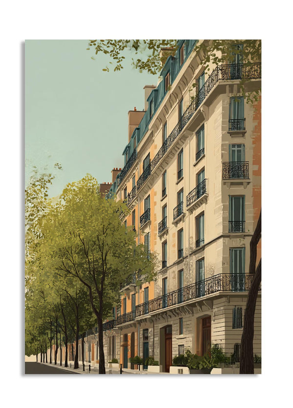 Stylized image of a building facade with trees and a clear sky, as a premium aluminum metal print from GoMetalPrint.
