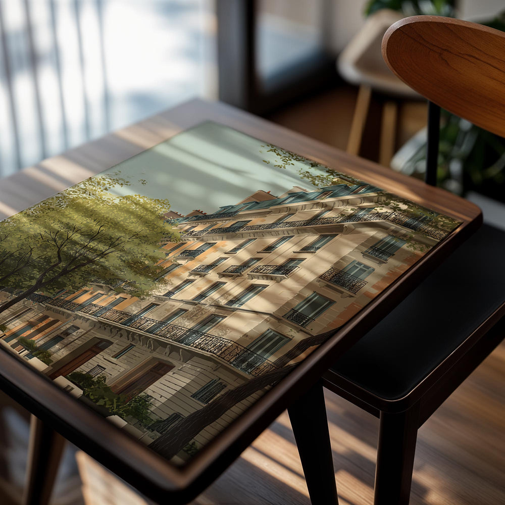 Stylized image of a building facade with trees and a clear sky, as a premium aluminum metal print from GoMetalPrint.
