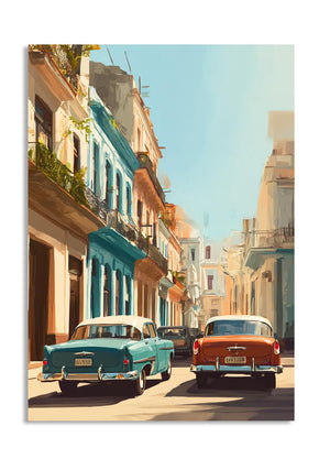 Two vintage cars parked on a colorful street in a tropical city, as a premium aluminum metal print from GoMetalPrint.
