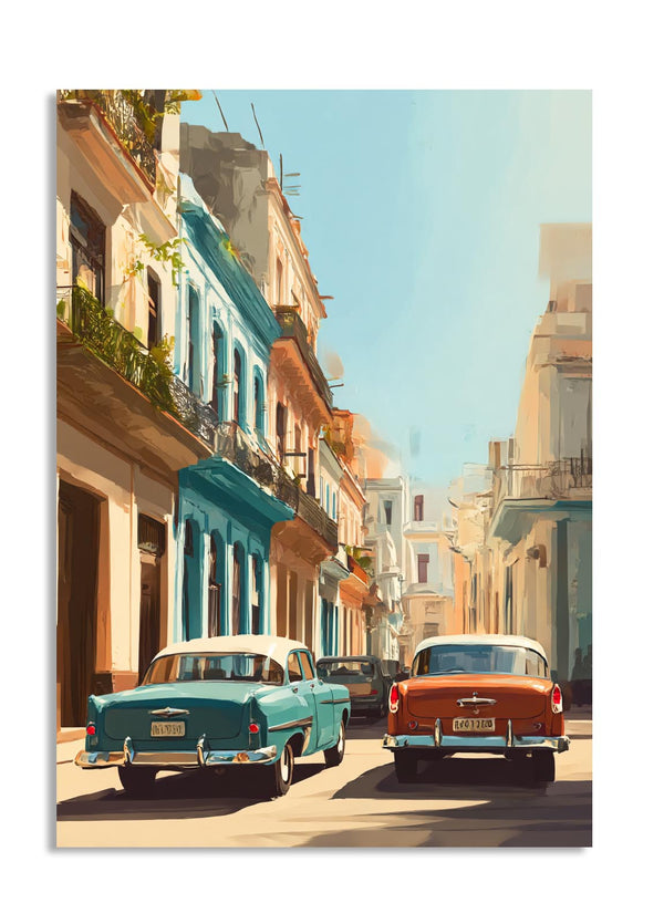 Two vintage cars parked on a colorful street in a tropical city, as a premium aluminum metal print from GoMetalPrint.
