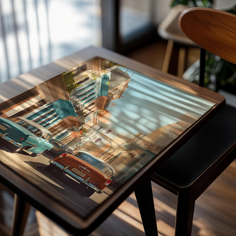 Two vintage cars parked on a colorful street in a tropical city, as a premium aluminum metal print from GoMetalPrint.

