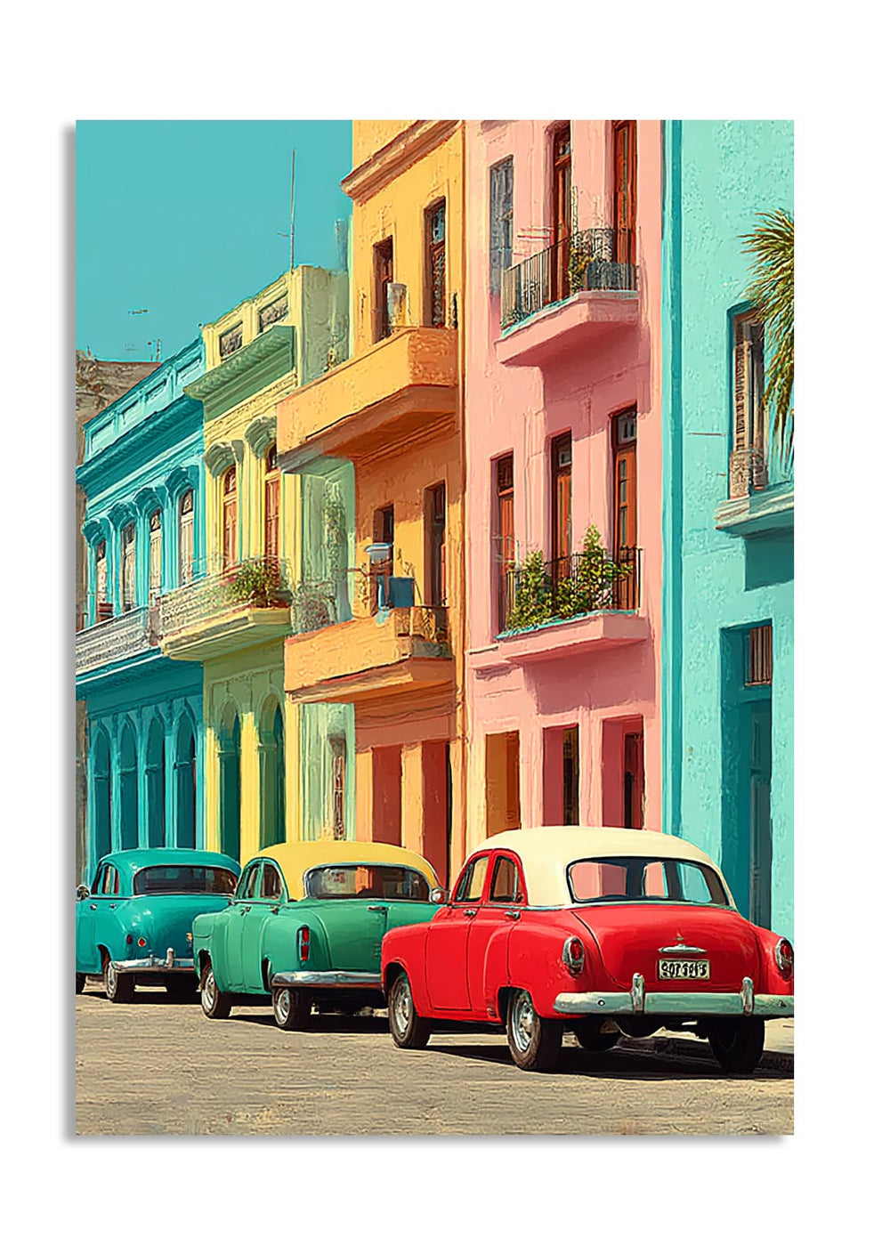 Colorful street scene with vintage cars in front of colorful buildings, as a premium aluminum metal print from GoMetalPrint.
