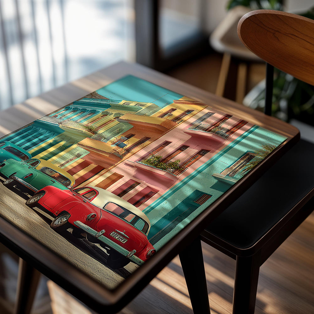 Colorful street scene with vintage cars in front of colorful buildings, as a premium aluminum metal print from GoMetalPrint.
