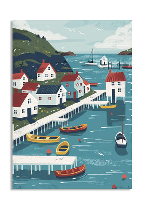 Illustration of a coastal scene with houses, boats, and a dock, as a premium aluminum metal print from GoMetalPrint.
