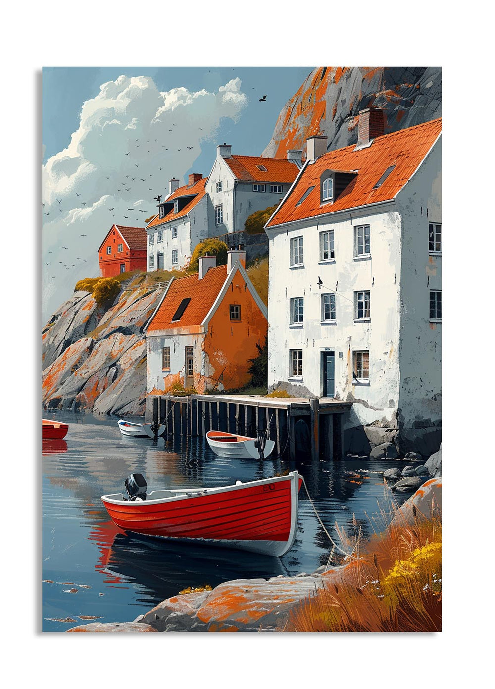 Coastal scene with houses, boats, and a red rowboat in a body of water, as a premium aluminum metal print from GoMetalPrint.
