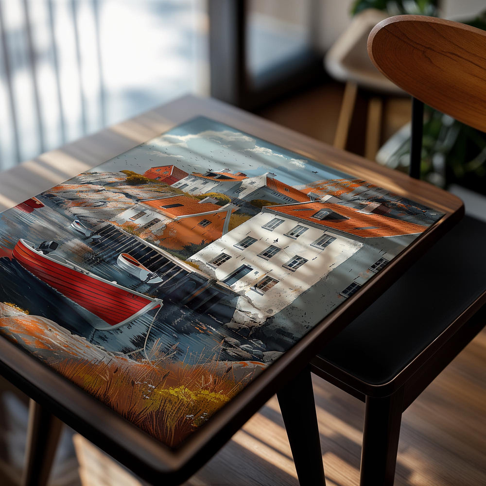 Coastal scene with houses, boats, and a red rowboat in a body of water, as a premium aluminum metal print from GoMetalPrint.
