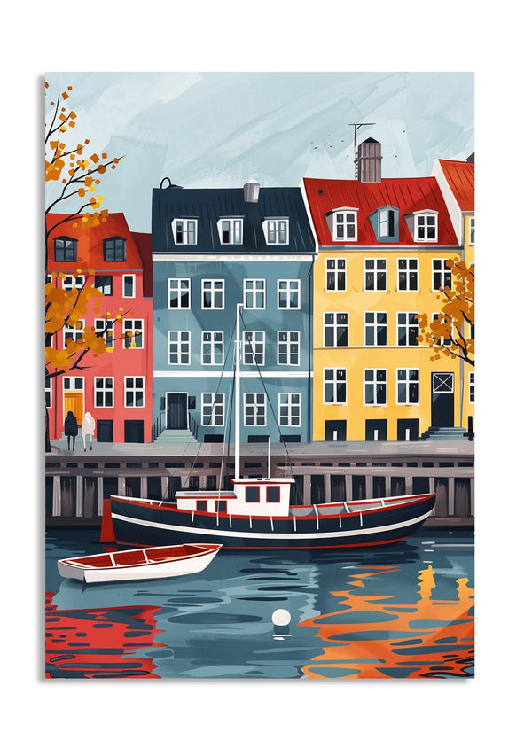 Illustration of a colorful canal scene with houses and boats, as a premium aluminum metal print from GoMetalPrint.
