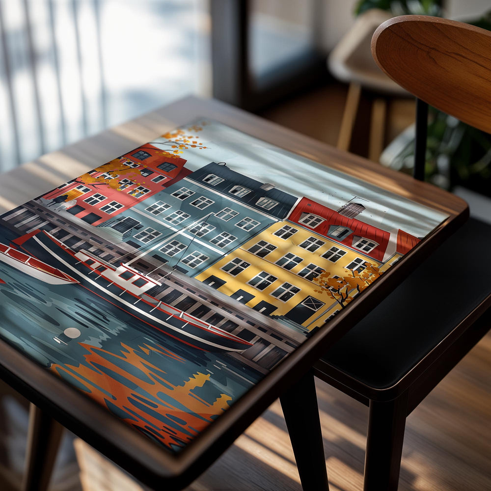 Illustration of a colorful canal scene with houses and boats, as a premium aluminum metal print from GoMetalPrint.
