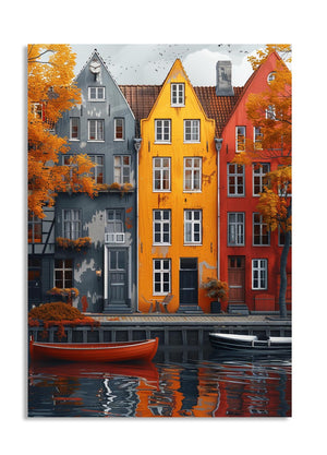 Colorful houses along a canal with boats in a painting style, as a premium aluminum metal print from GoMetalPrint.
