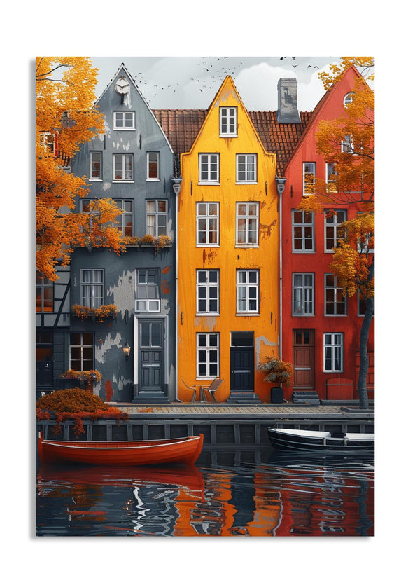 Colorful houses along a canal with boats in a painting style, as a premium aluminum metal print from GoMetalPrint.
