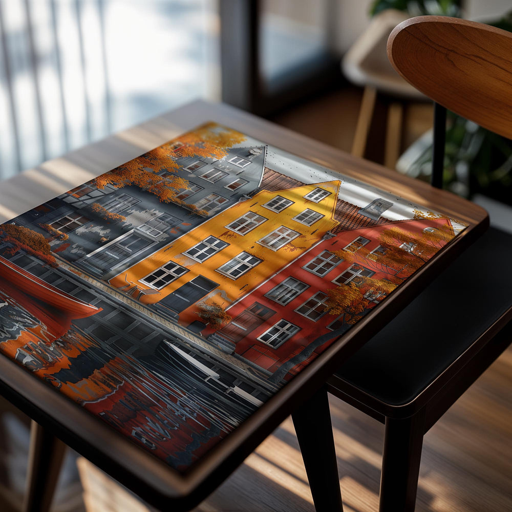 Colorful houses along a canal with boats in a painting style, as a premium aluminum metal print from GoMetalPrint.
