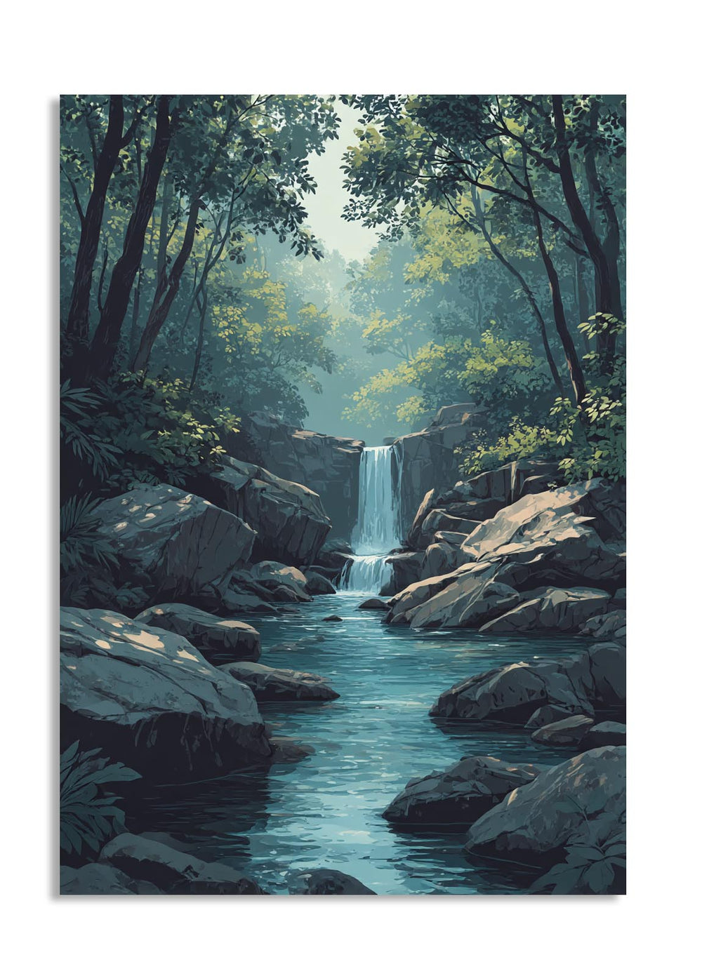 Watercolor painting of a waterfall in a forest with rocks and trees, as a premium aluminum metal print from GoMetalPrint.
