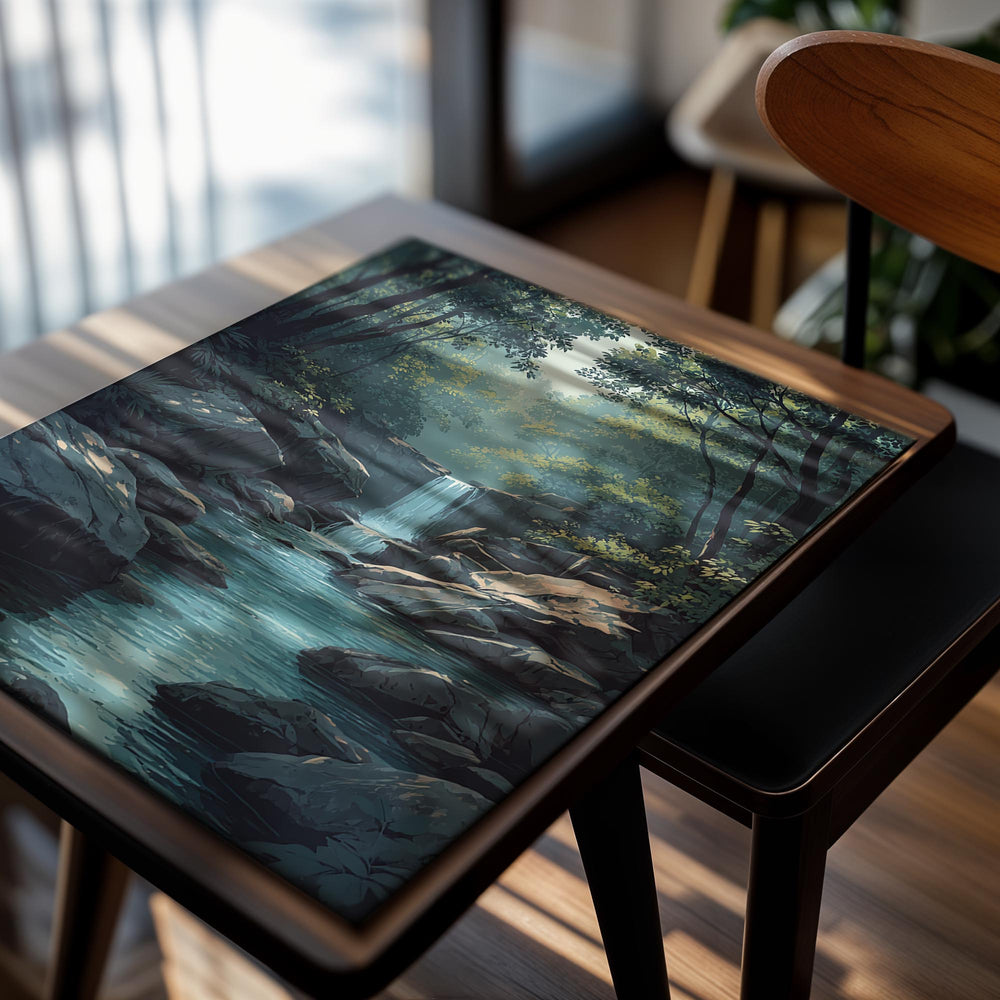 Watercolor painting of a waterfall in a forest with rocks and trees, as a premium aluminum metal print from GoMetalPrint.
