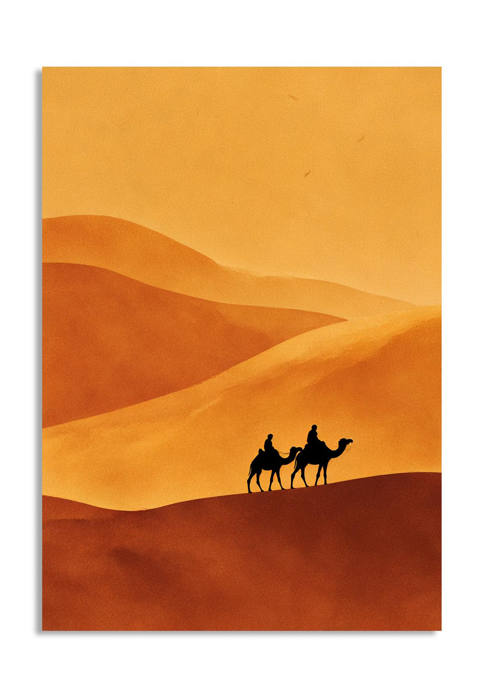 Silhouette of two people on camels against a desert landscape with orange and brown hues, as a premium aluminum metal print from GoMetalPrint.
