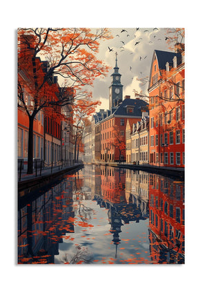 Painting of a canal scene with buildings and trees reflecting in the water, as a premium aluminum metal print from GoMetalPrint.
