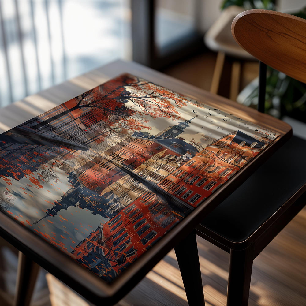 Painting of a canal scene with buildings and trees reflecting in the water, as a premium aluminum metal print from GoMetalPrint.
