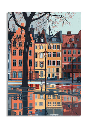Reflective street scene with colorful buildings and a tree in a cityscape, as a premium aluminum metal print from GoMetalPrint.
