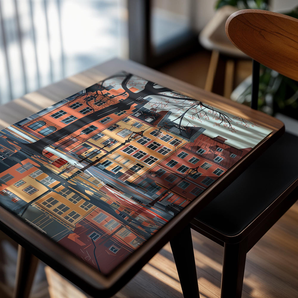 Reflective street scene with colorful buildings and a tree in a cityscape, as a premium aluminum metal print from GoMetalPrint.
