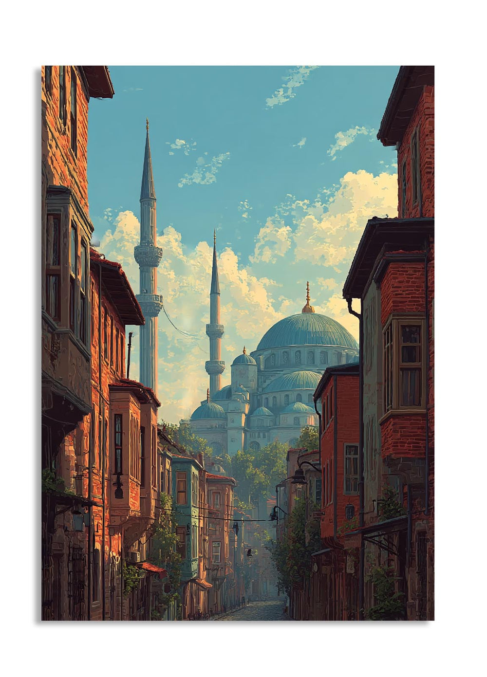 Street scene with historic buildings and a prominent blue dome in the background , as a premium aluminum metal print from GoMetalPrint.
