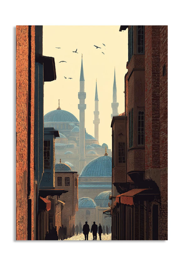 Illustration of a city street with a prominent mosque in the background, as a premium aluminum metal print from GoMetalPrint.
