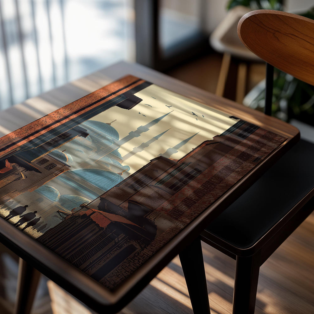 Illustration of a city street with a prominent mosque in the background, as a premium aluminum metal print from GoMetalPrint.
