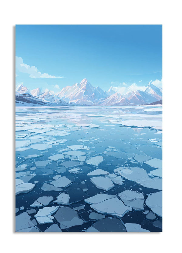 Frozen lake with ice floes and snow-capped mountains under a blue sky, as a premium aluminum metal print from GoMetalPrint.
