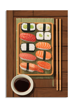 Sushi set with chopsticks and soy sauce on a wooden surface, as a premium aluminum metal print from GoMetalPrint.
