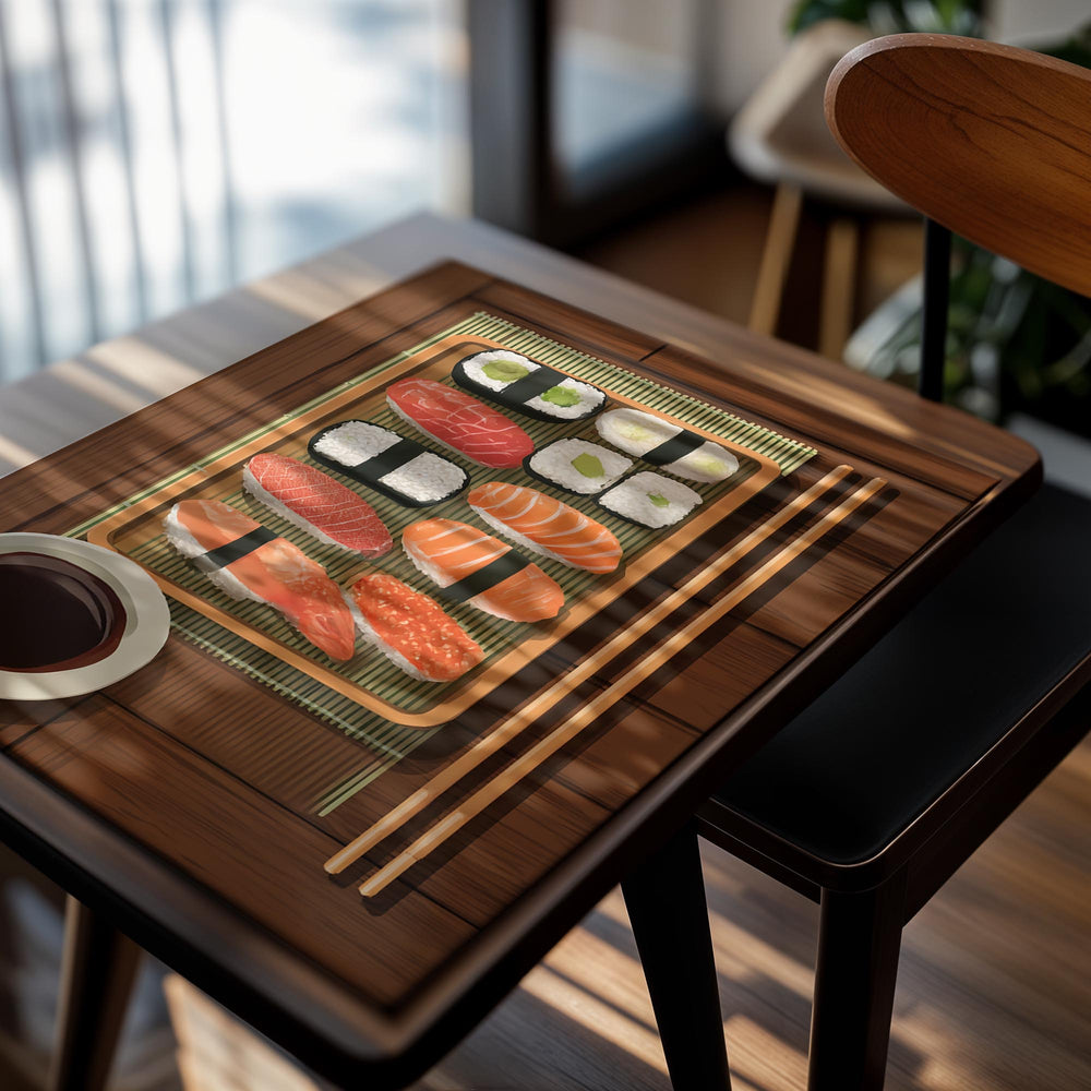 Sushi set with chopsticks and soy sauce on a wooden surface, as a premium aluminum metal print from GoMetalPrint.
