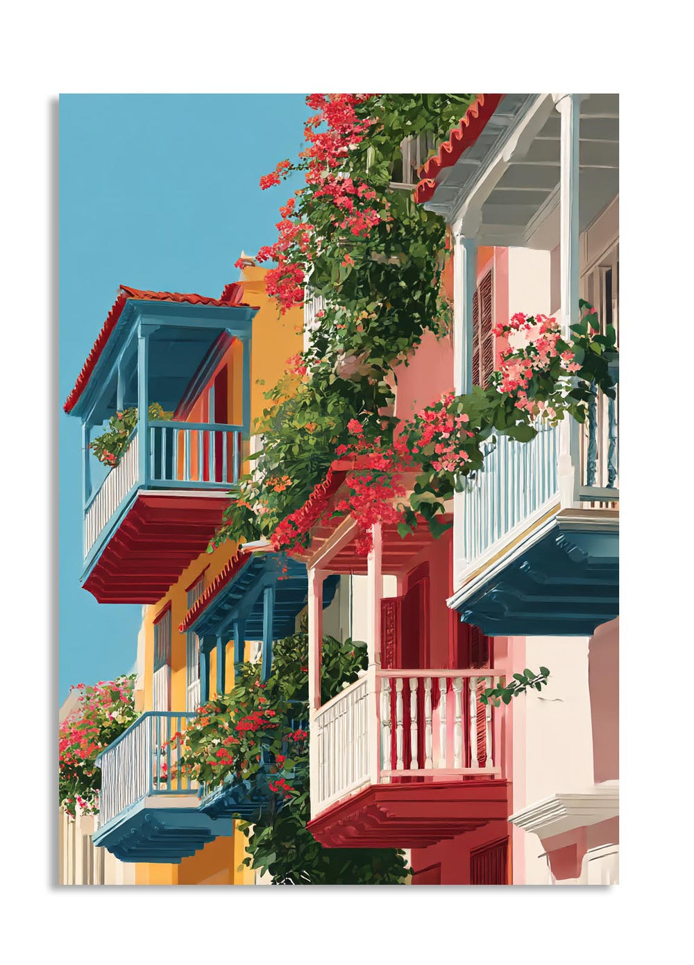 Colorful balconies with flowers against a blue sky, as a premium aluminum metal print from GoMetalPrint.
