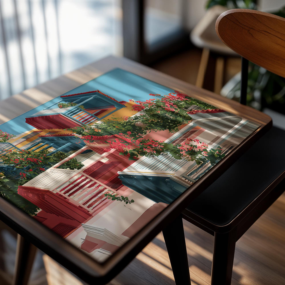 Colorful balconies with flowers against a blue sky, as a premium aluminum metal print from GoMetalPrint.
