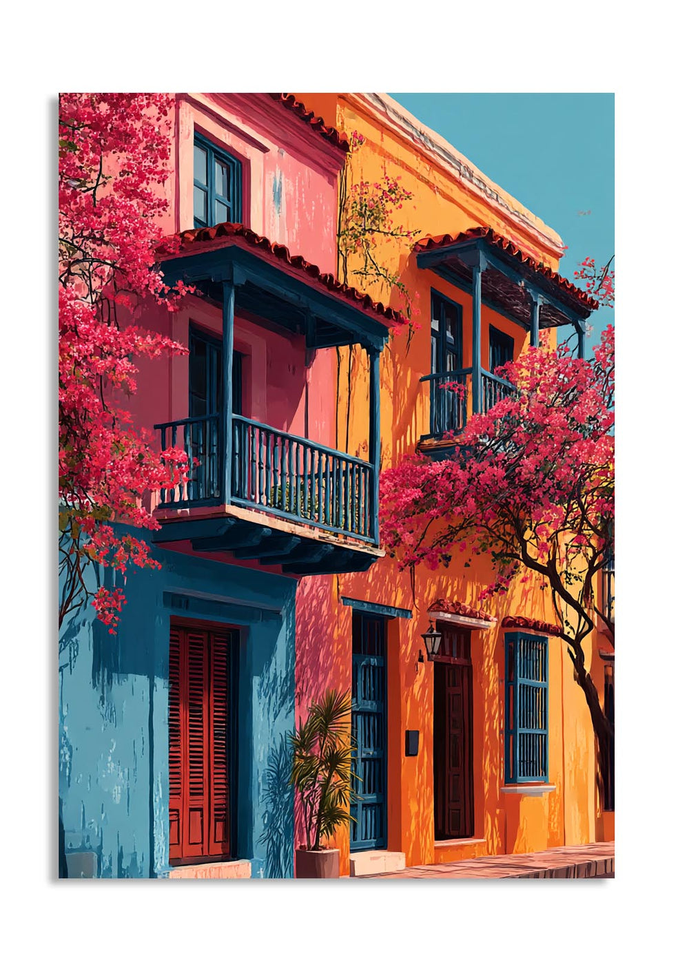 Colorful building facade with balconies and pink flowers in a cityscape, as a premium aluminum metal print from GoMetalPrint.
