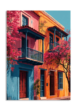 Colorful building facade with balconies and pink flowers in a cityscape, as a premium aluminum metal print from GoMetalPrint.
