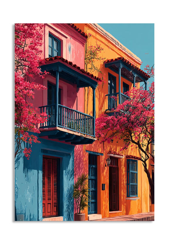 Colorful building facade with balconies and pink flowers in a cityscape, as a premium aluminum metal print from GoMetalPrint.
