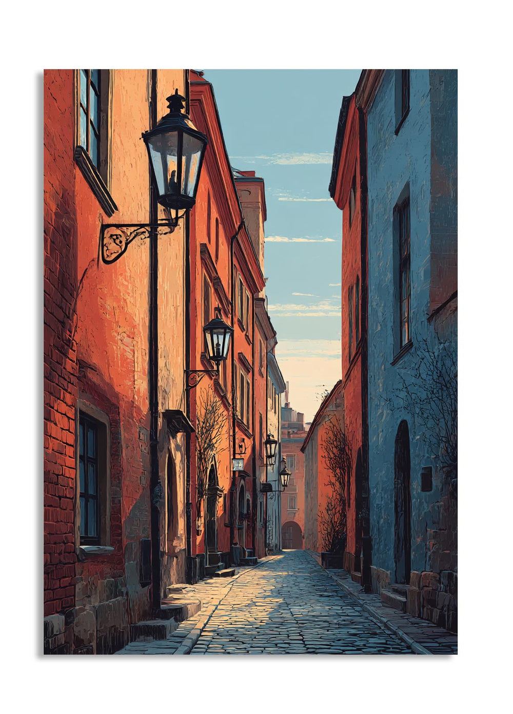 Cobbled street with colorful buildings and street lamps in a cityscape, as a premium aluminum metal print from GoMetalPrint.
