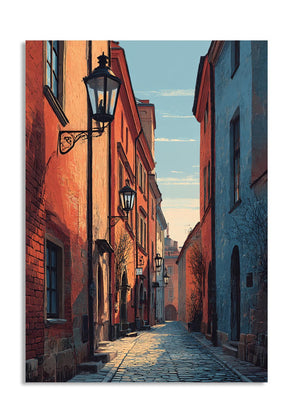 Cobbled street with colorful buildings and street lamps in a cityscape, as a premium aluminum metal print from GoMetalPrint.

