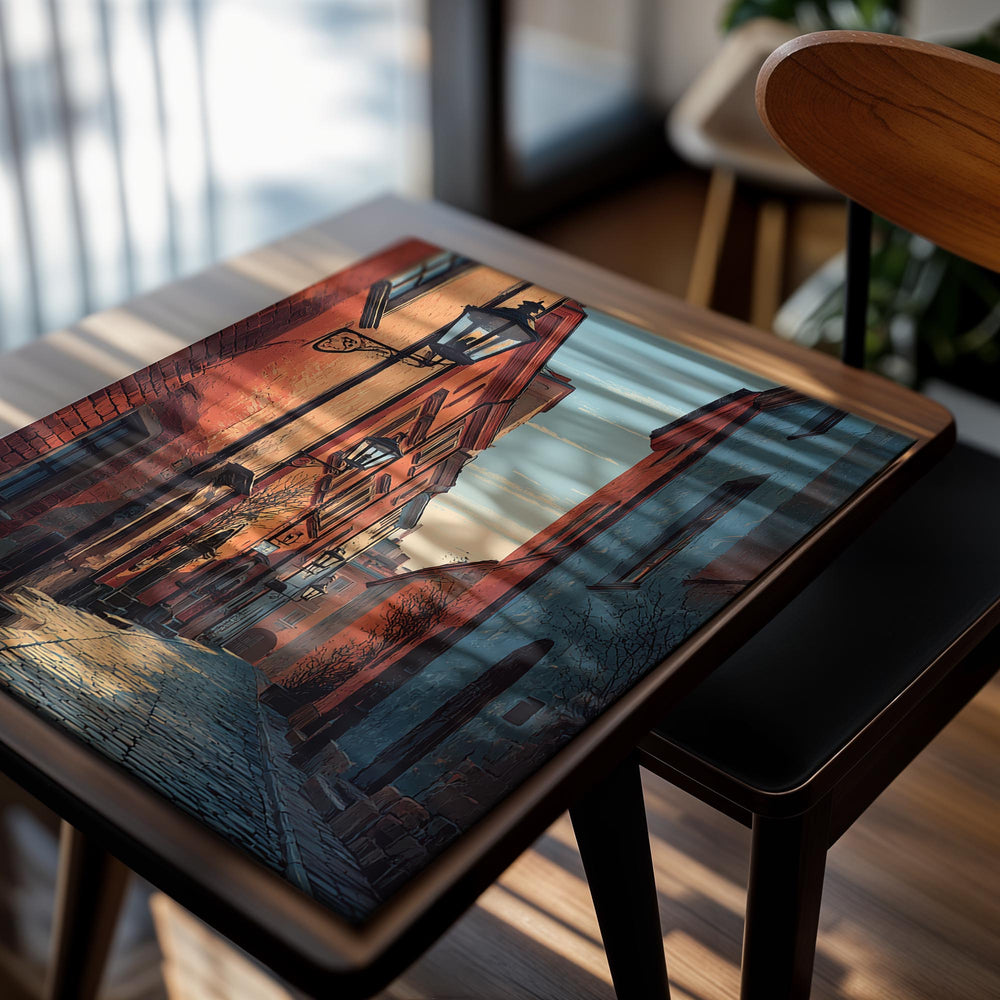 Cobbled street with colorful buildings and street lamps in a cityscape, as a premium aluminum metal print from GoMetalPrint.
