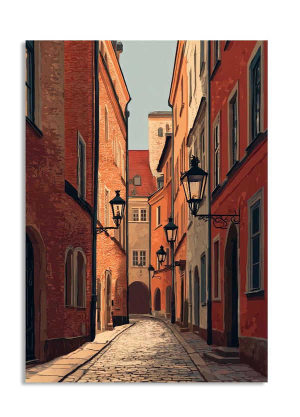 Cobbled street with old buildings and street lamps in a warm, evening light, as a premium aluminum metal print from GoMetalPrint.
