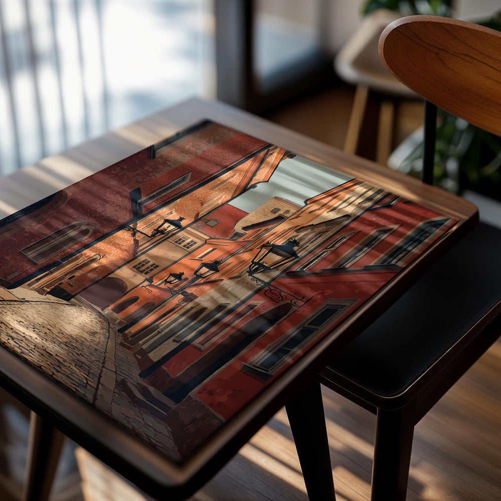 Cobbled street with old buildings and street lamps in a warm, evening light, as a premium aluminum metal print from GoMetalPrint.

