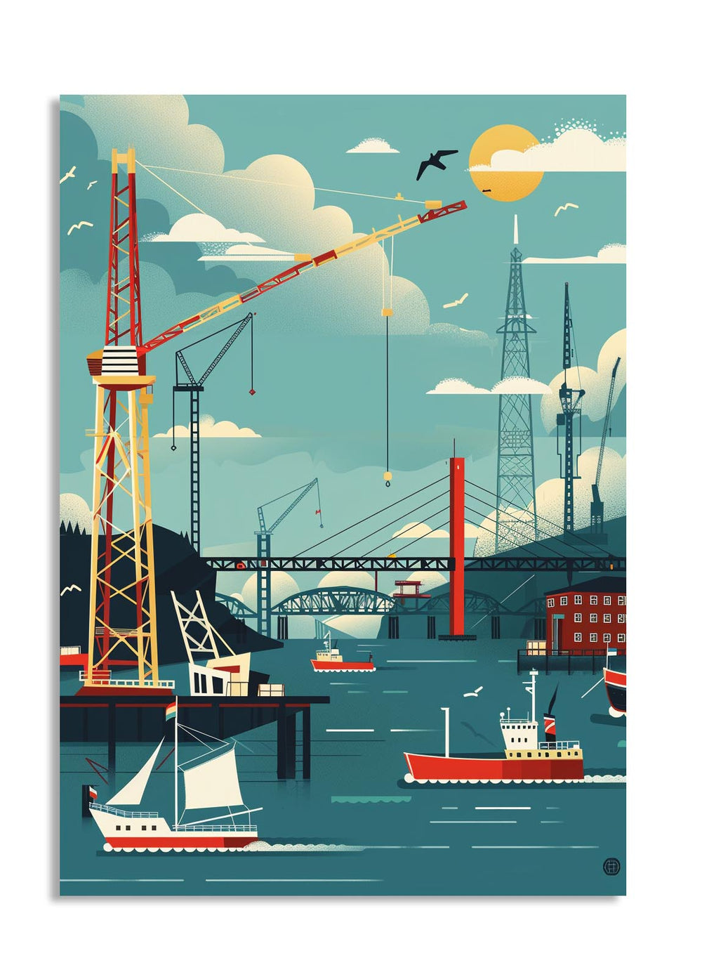 Illustration of a harbor scene with cranes, boats, and a bridge, as a premium aluminum metal print from GoMetalPrint.
