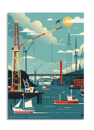 Illustration of a harbor scene with cranes, boats, and a bridge, as a premium aluminum metal print from GoMetalPrint.
