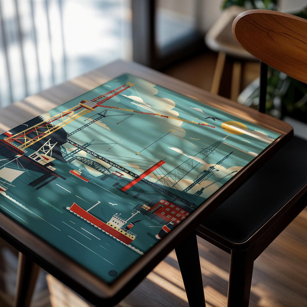 Illustration of a harbor scene with cranes, boats, and a bridge, as a premium aluminum metal print from GoMetalPrint.
