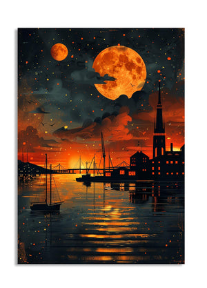 Cityscape at night with a large orange moon and smaller moon in the sky, as a premium aluminum metal print from GoMetalPrint.
