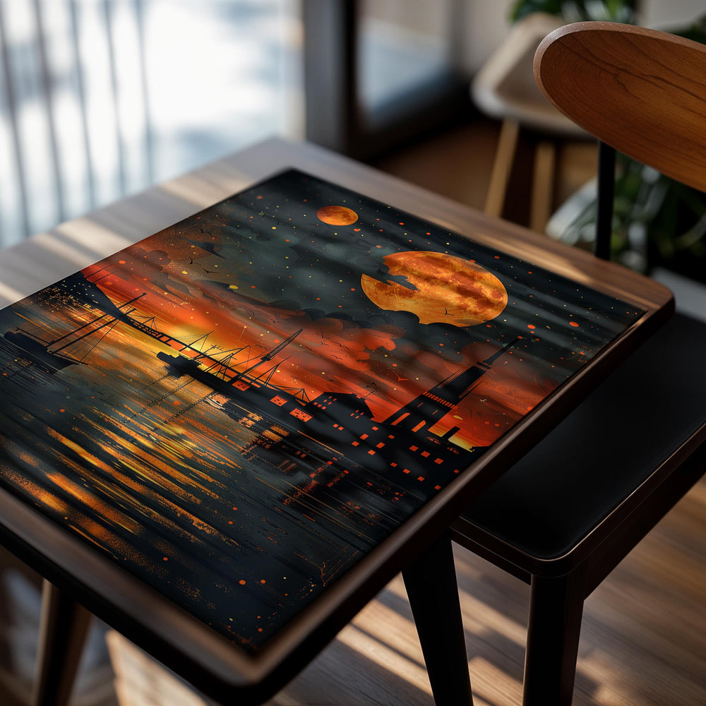 Cityscape at night with a large orange moon and smaller moon in the sky, as a premium aluminum metal print from GoMetalPrint.
