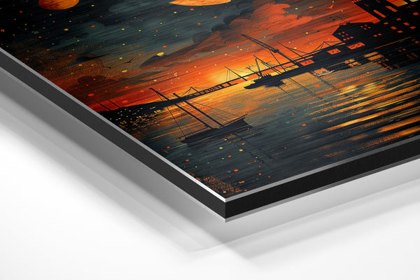 Harbor Night Orange Moon